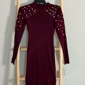 by & by Burgundy Dress with Pearl Details